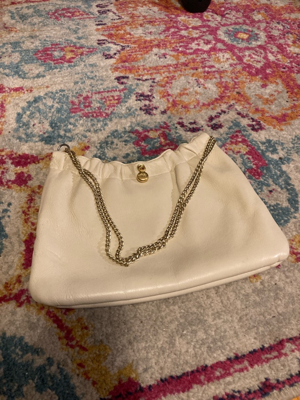 Cream Leather Wristlet Clutch with Gold Chain Strap